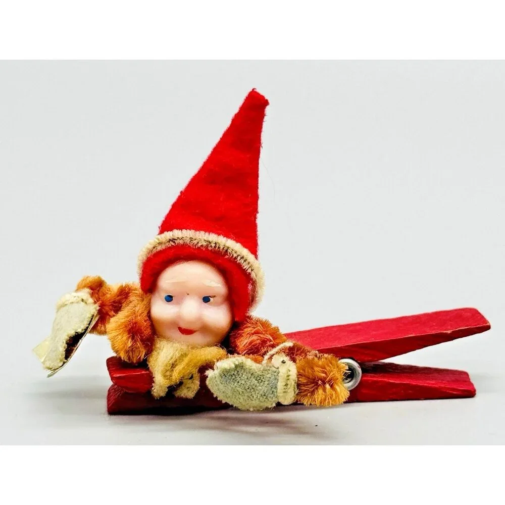 Vintage Pressed Paper Pulp Face Chenille Man Elf‎ Clothes Pin Christmas 3 inch